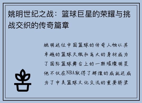 姚明世纪之战：篮球巨星的荣耀与挑战交织的传奇篇章